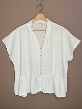 Calligraphie White Linen Short Sleeve Gold Button Front Peplum Blouse Shirt XL